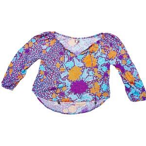 Arnhem Blouse Floral Design Women Size 8 Purple Yellow Turquoise Top V Neck Used